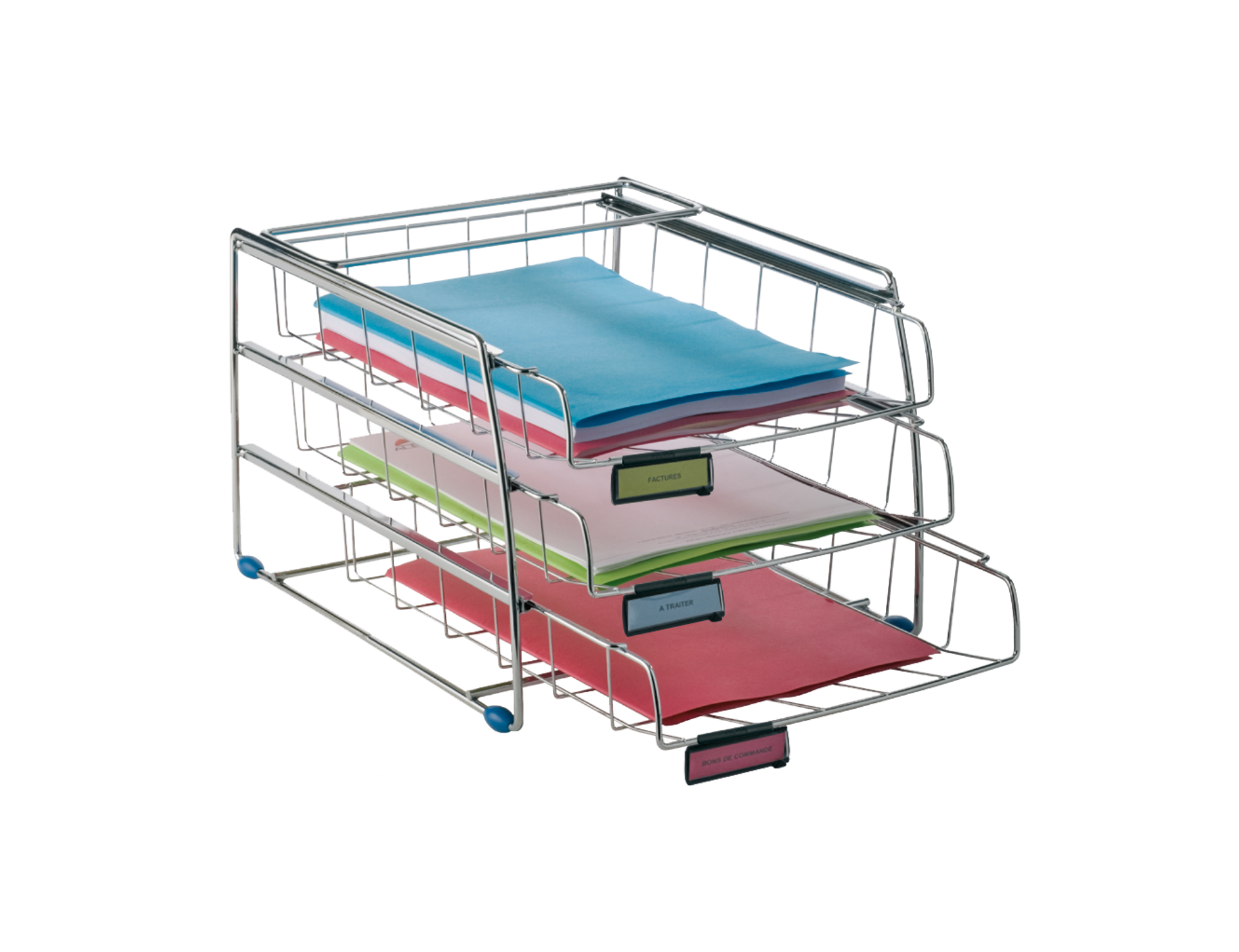 Three-tier metal letter tray organizer with colorful documents for office desk storage