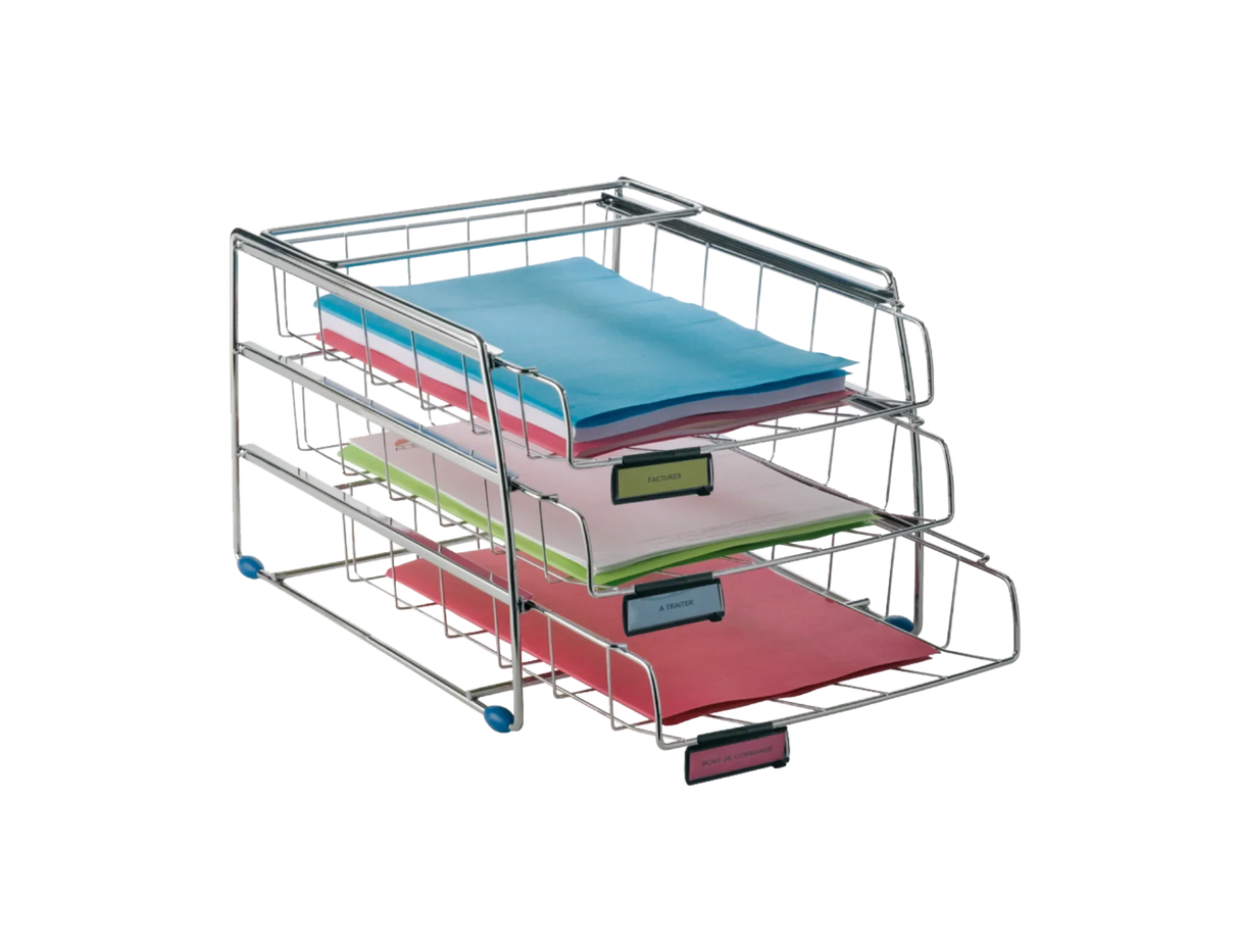 Three-tier metal letter tray organizer with colorful documents for office desk storage