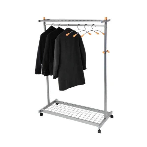 Mobile garment rack with six wooden hangers and two dark coats on a metal frame with wheels