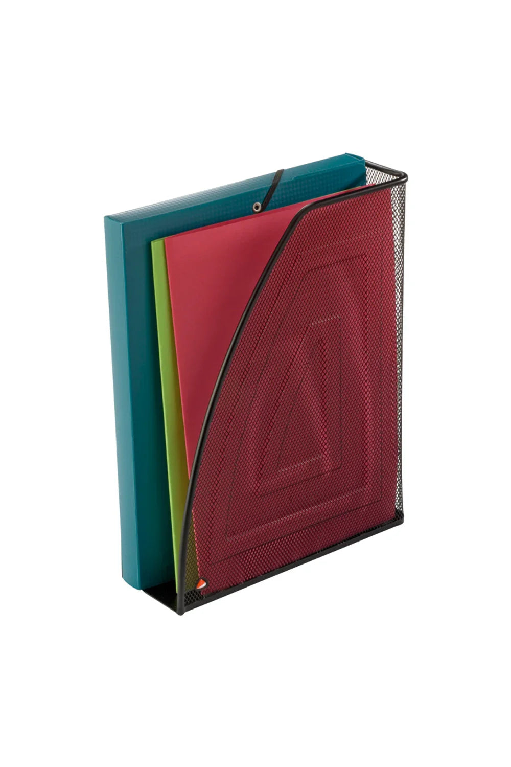 Mesh metal magazine holder in silver-grey with colorful folders and documents inside