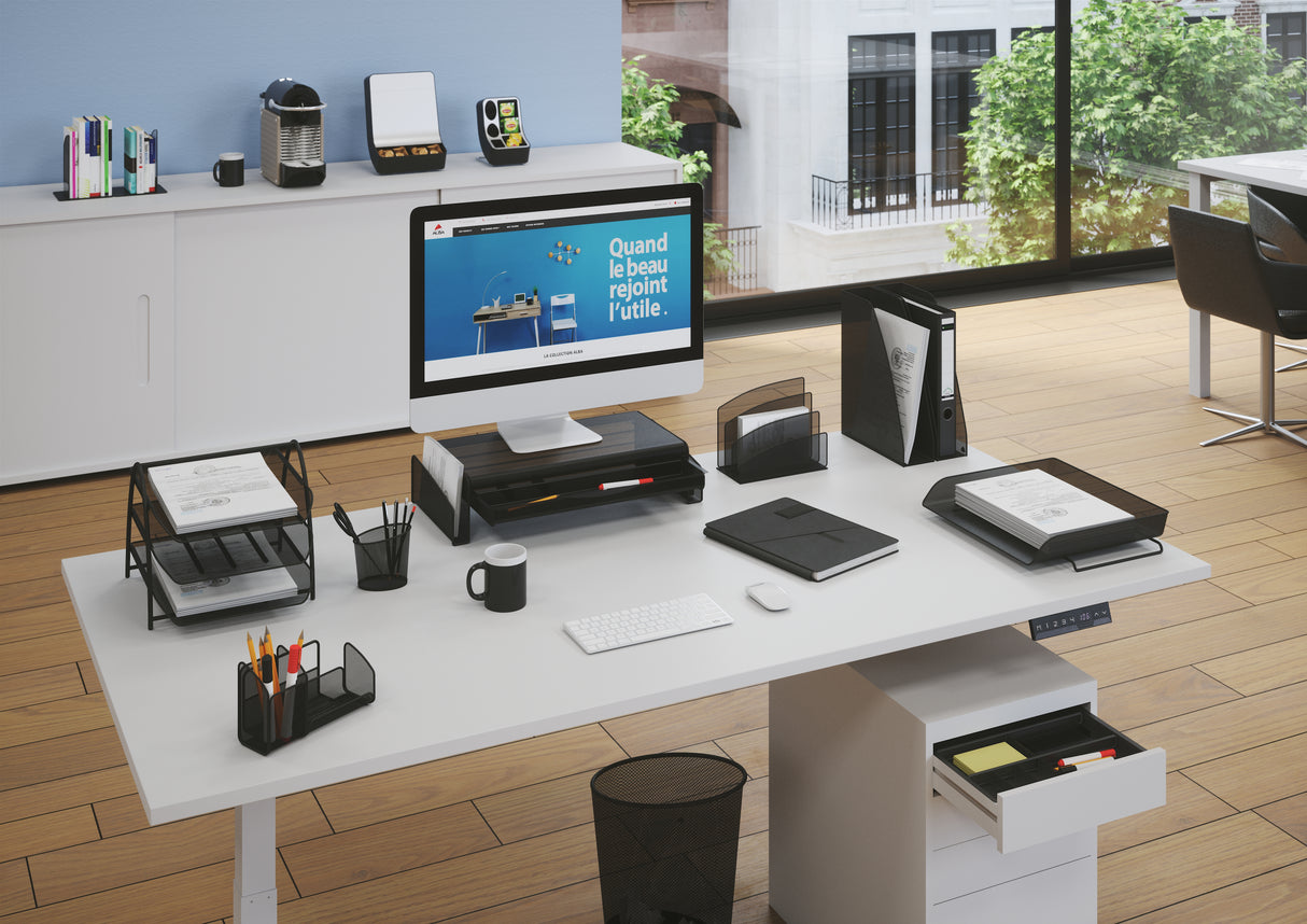 Modern office desk with mesh metal magazine holder, file organizer, and workspace accessories