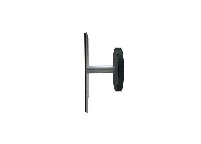 Side view of black magnetic peg hook with metal arm on white background
