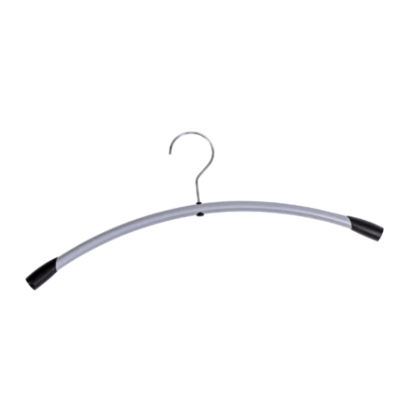 Metal clothes hanger with ABS shoulder tips, curved design, on white background