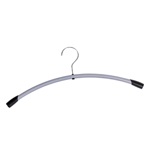 Metal clothes hanger with ABS shoulder tips, curved design, on white background
