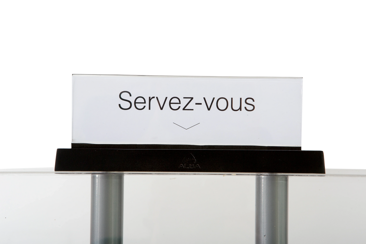 Alba 12-compartment A4 chrome mobile organizer with sign holder labeled 'Servez-vous'