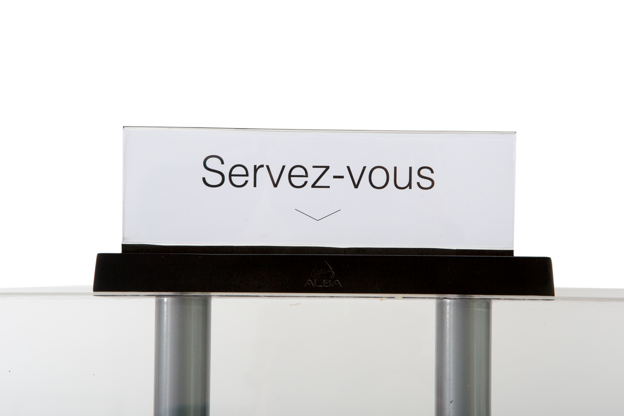 Alba 12-compartment A4 chrome mobile organizer with sign holder labeled 'Servez-vous'