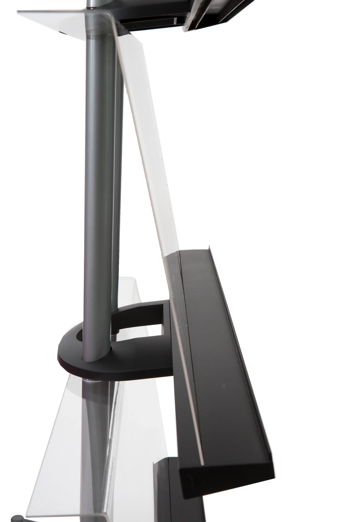 Side view of chrome mobile display stand with 12 A4 paper compartments