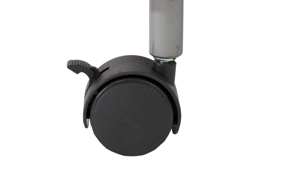 Black office furniture caster wheel with brake, attached to chrome leg, on white background