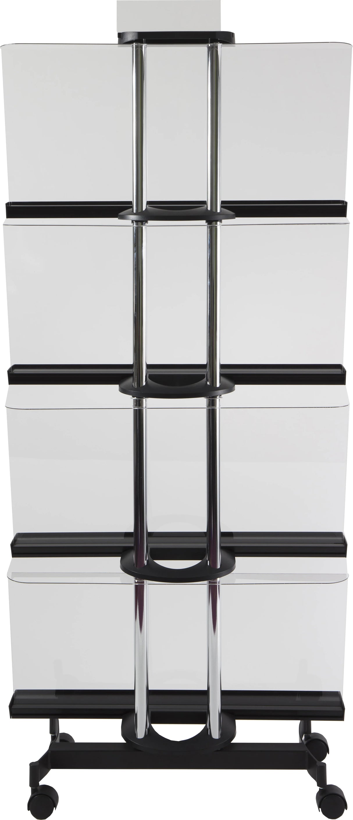 Mobile 12-compartment A4 chrome display unit with clear acrylic shelves and wheels