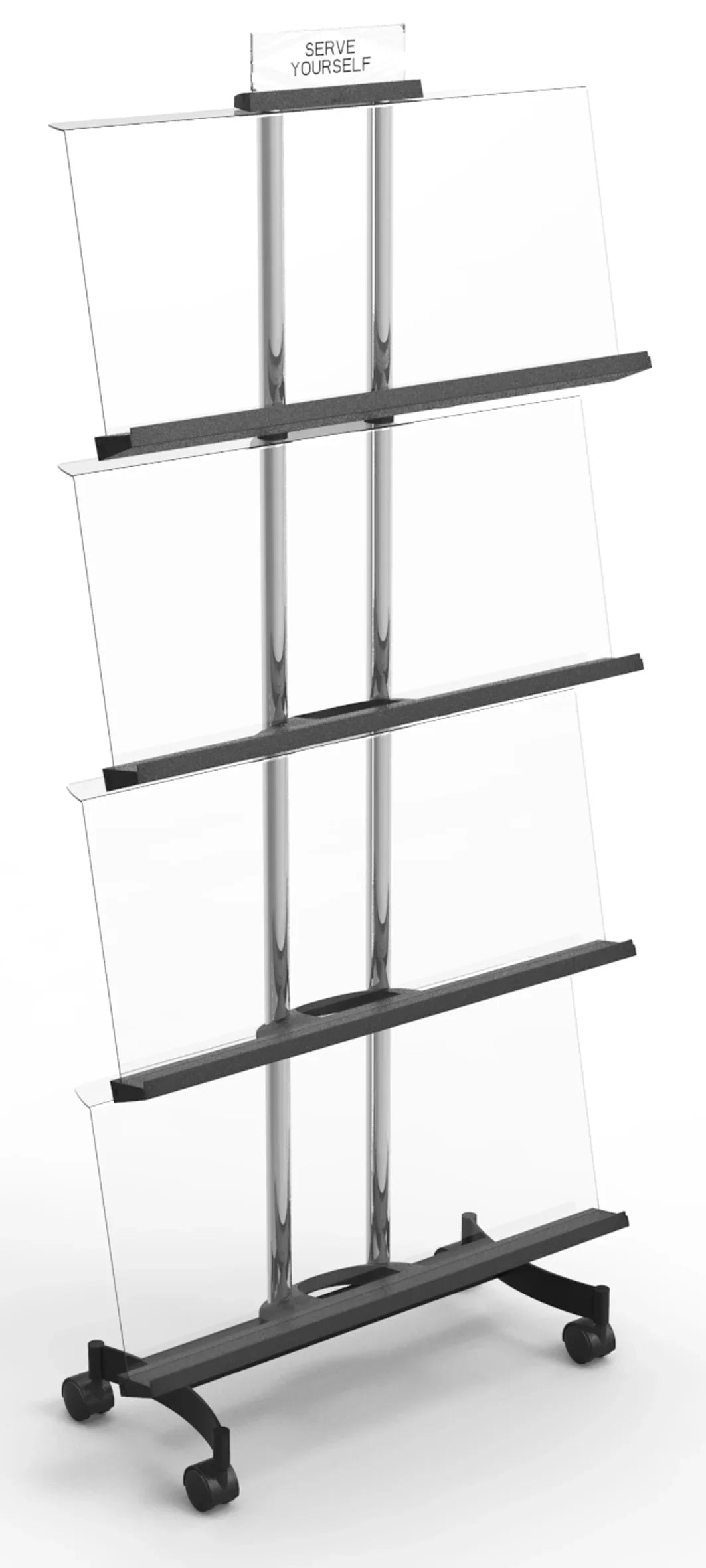 Mobile chrome A4 display rack with 12 compartments and wheels for office organization