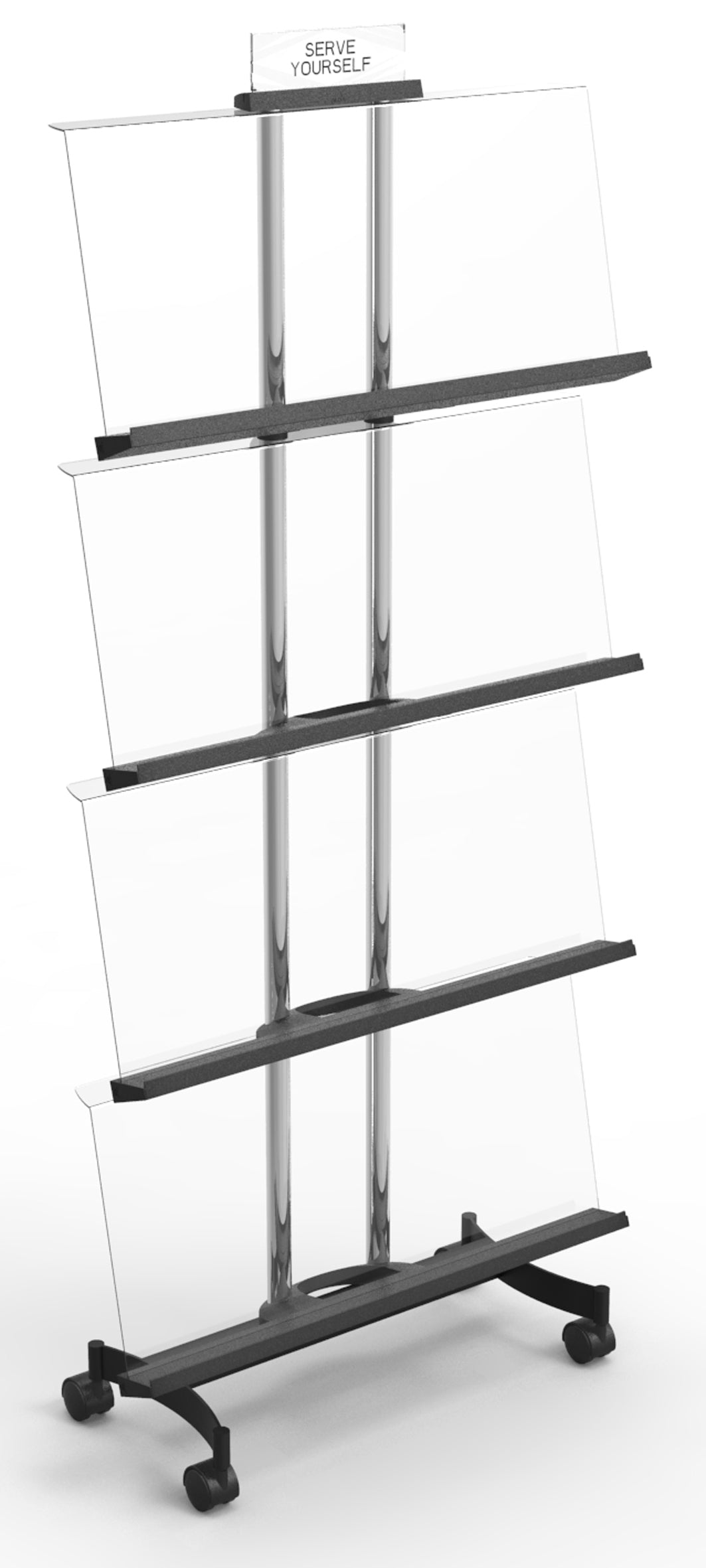 Mobile chrome A4 display rack with 12 compartments and wheels for office organization