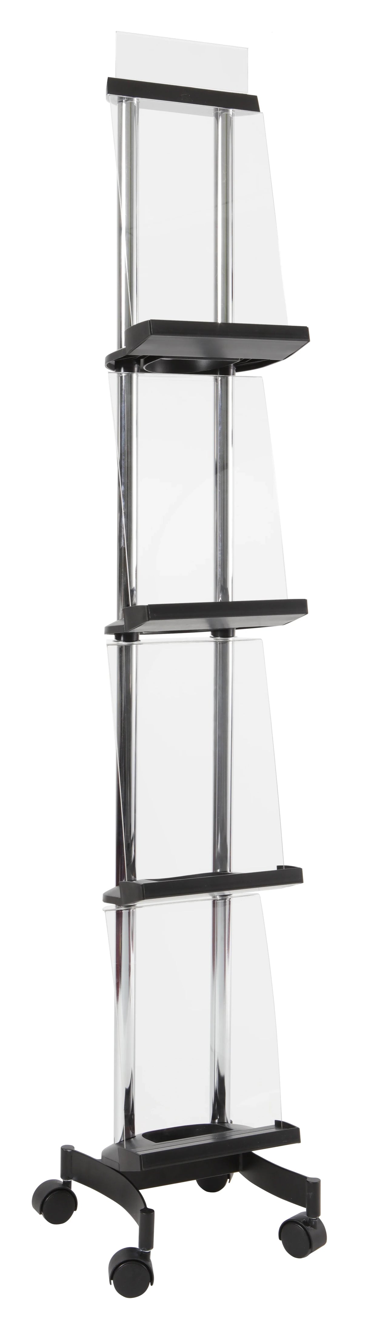 Mobile display stand with four A4 compartments and chrome frame on wheels