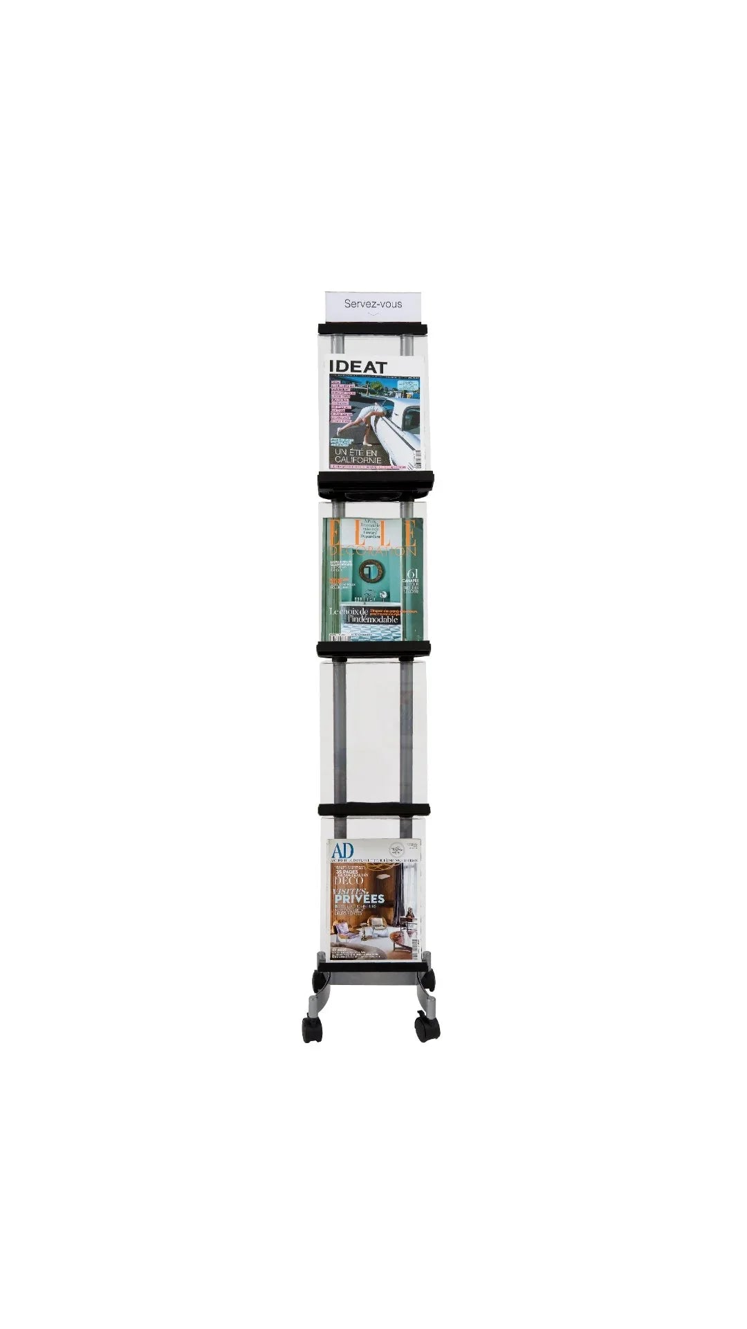 Mobile display rack with four A4 compartments, holding magazines, on wheels for office or school.