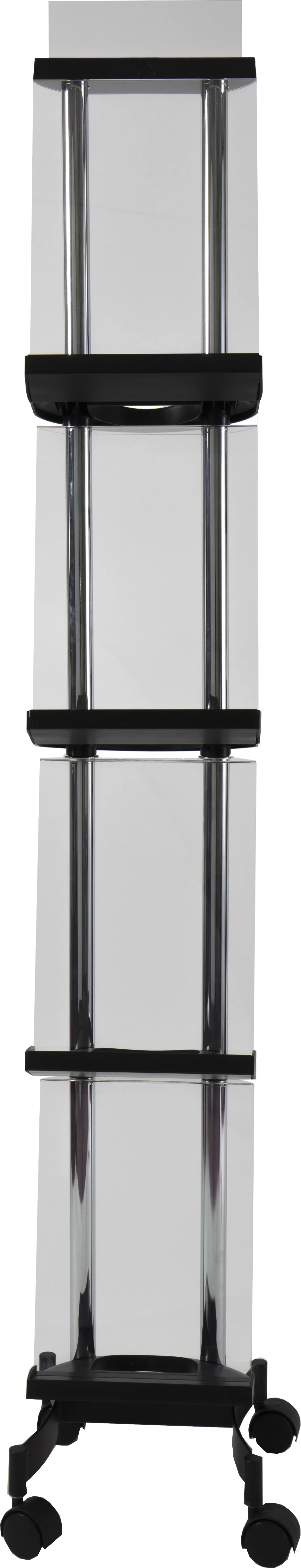 Mobile display rack with four A4 compartments and chrome finish on rolling wheels