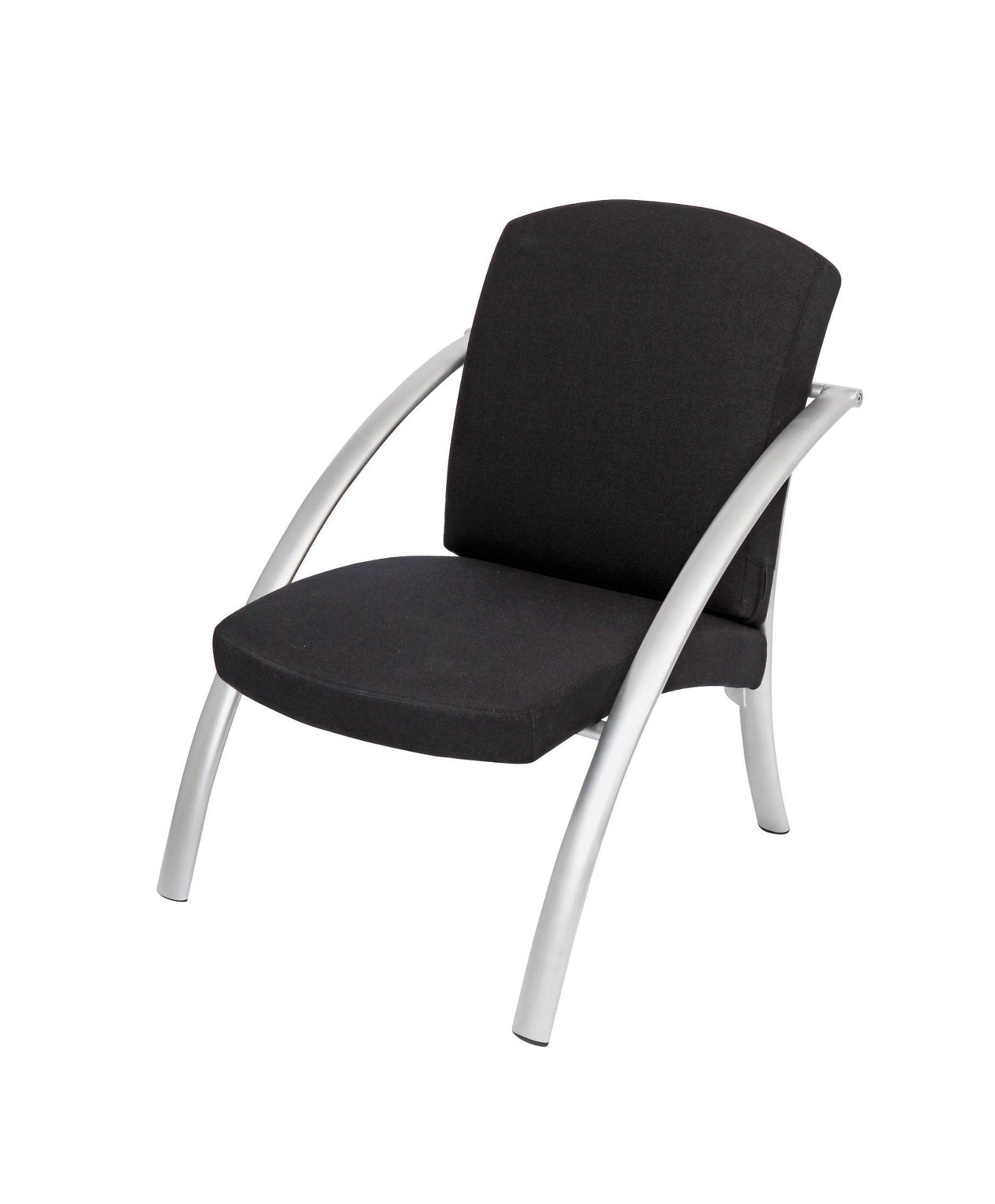 Modern black reception chair with cushioned seat and curved silver metal legs
