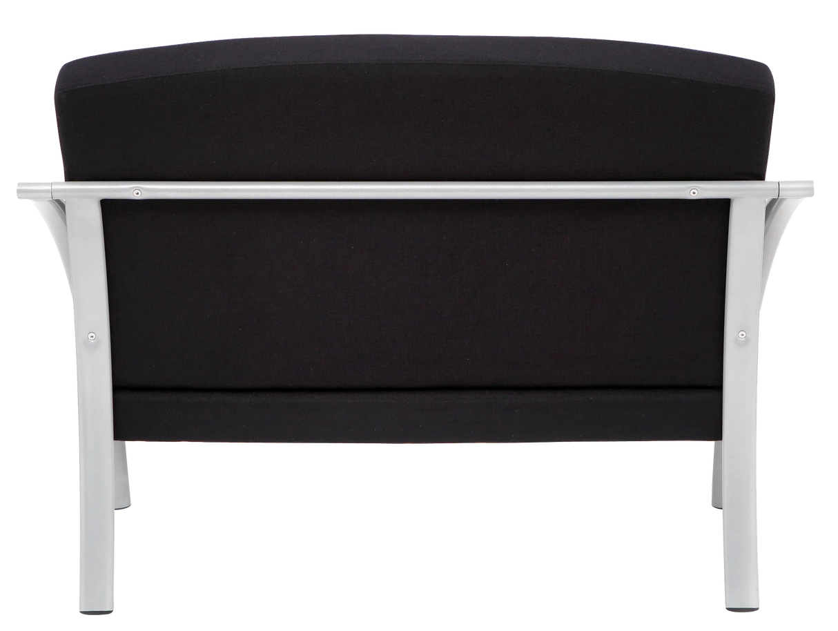 Black two-seat reception chair with silver metal frame, viewed from the back