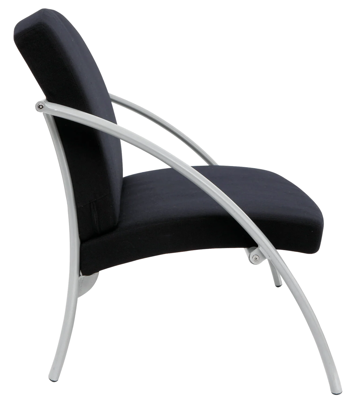 Modern black fabric reception chair with curved silver metal frame, side view.