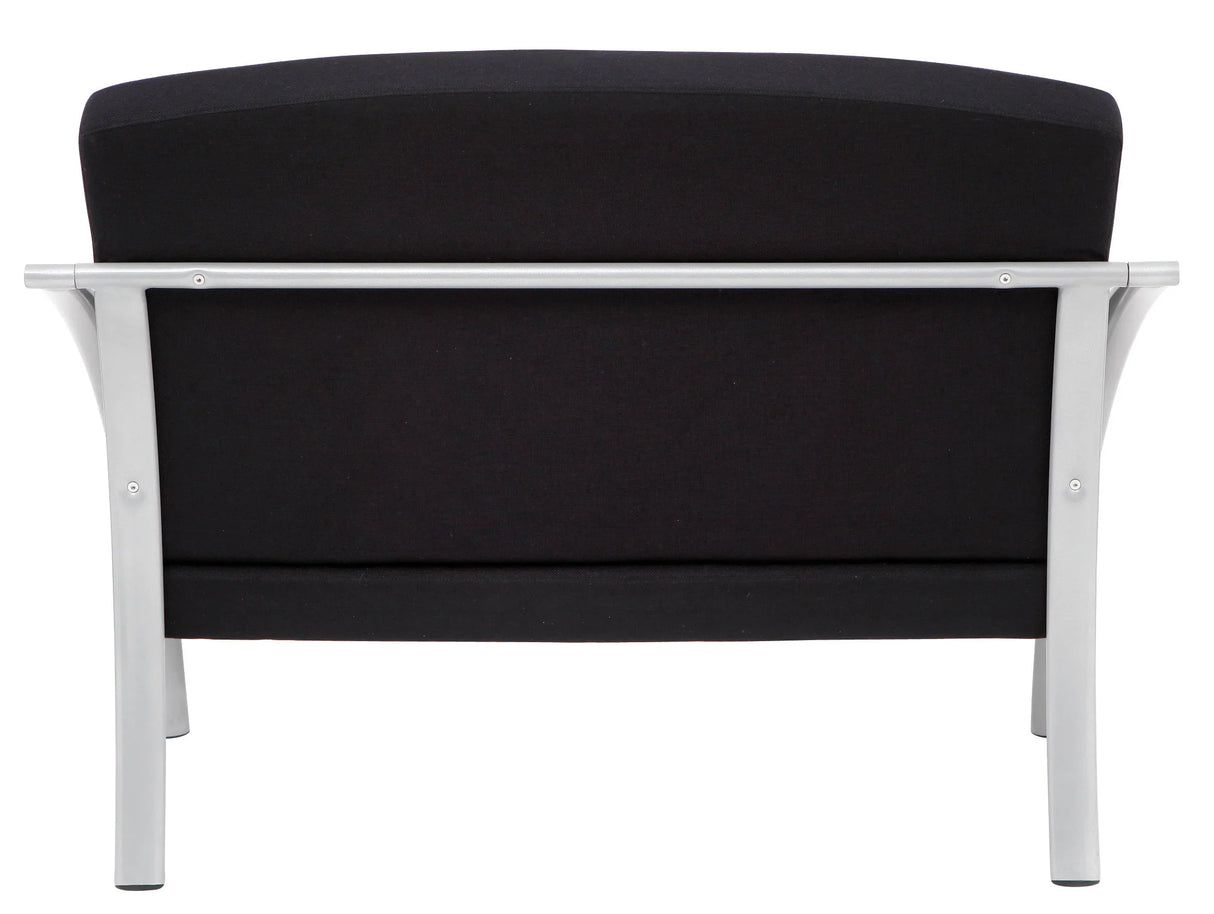 Black two-seat reception chair with silver metal frame, rear view, modern office seating