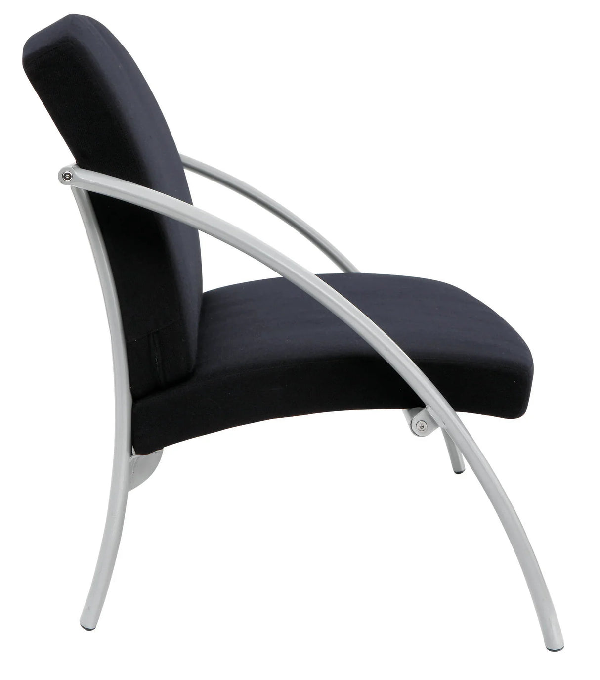 Modern black upholstered reception chair with silver metal frame on white background.