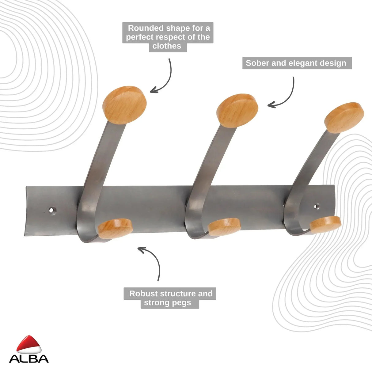 Wall-mounted coat rack with three metal hooks and wooden pegs, modern minimalist design.