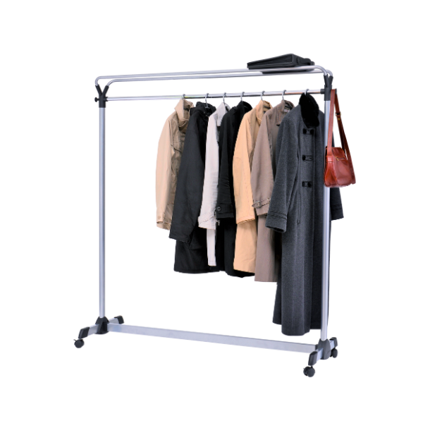 Mobile garment rack with wheels holding coats, hangers, purse, organizer, and accessories