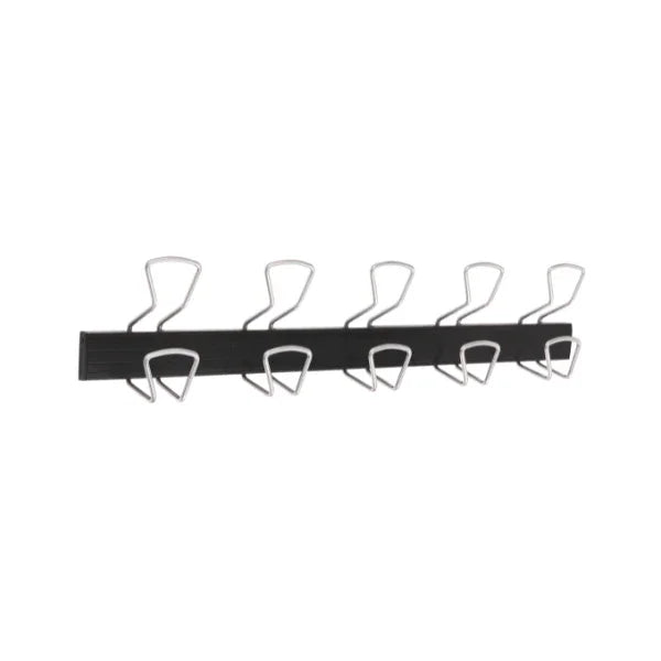 Wall-mounted double peg rail with ten metal hooks on a black base for office organization
