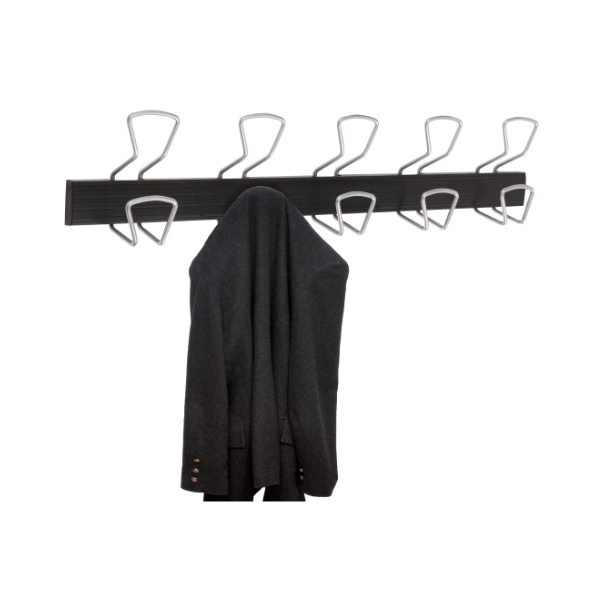 Wall-mounted double peg coat rack with black jacket hanging, modern office organizer