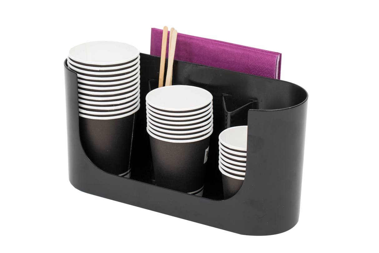 Black cup organizer holding stacked paper cups, stirrers, and purple napkins