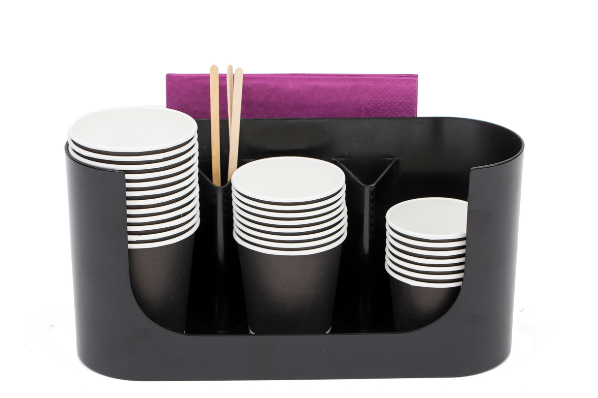 Black cup organizer with compartments holding stacked paper cups, stirrers, and napkins