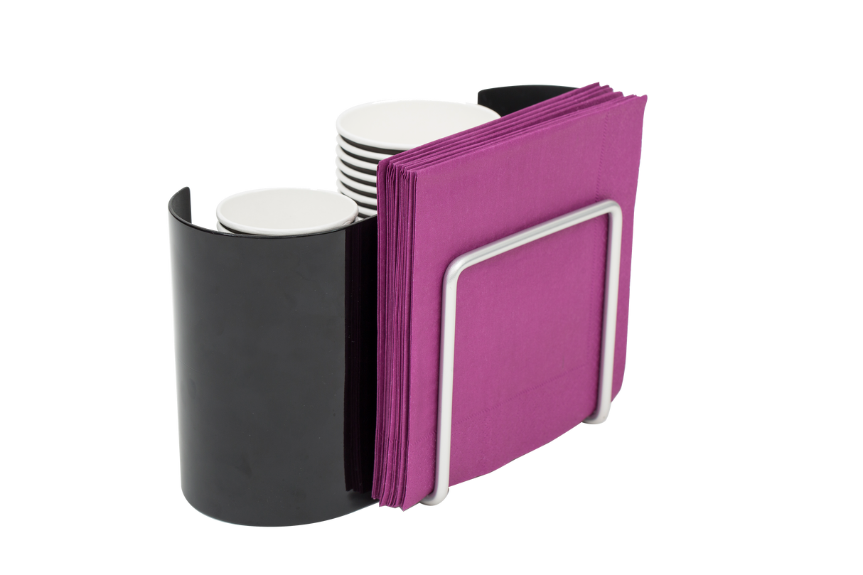 Black desk organizer holding white cups and purple napkins, ideal for office or kitchen use