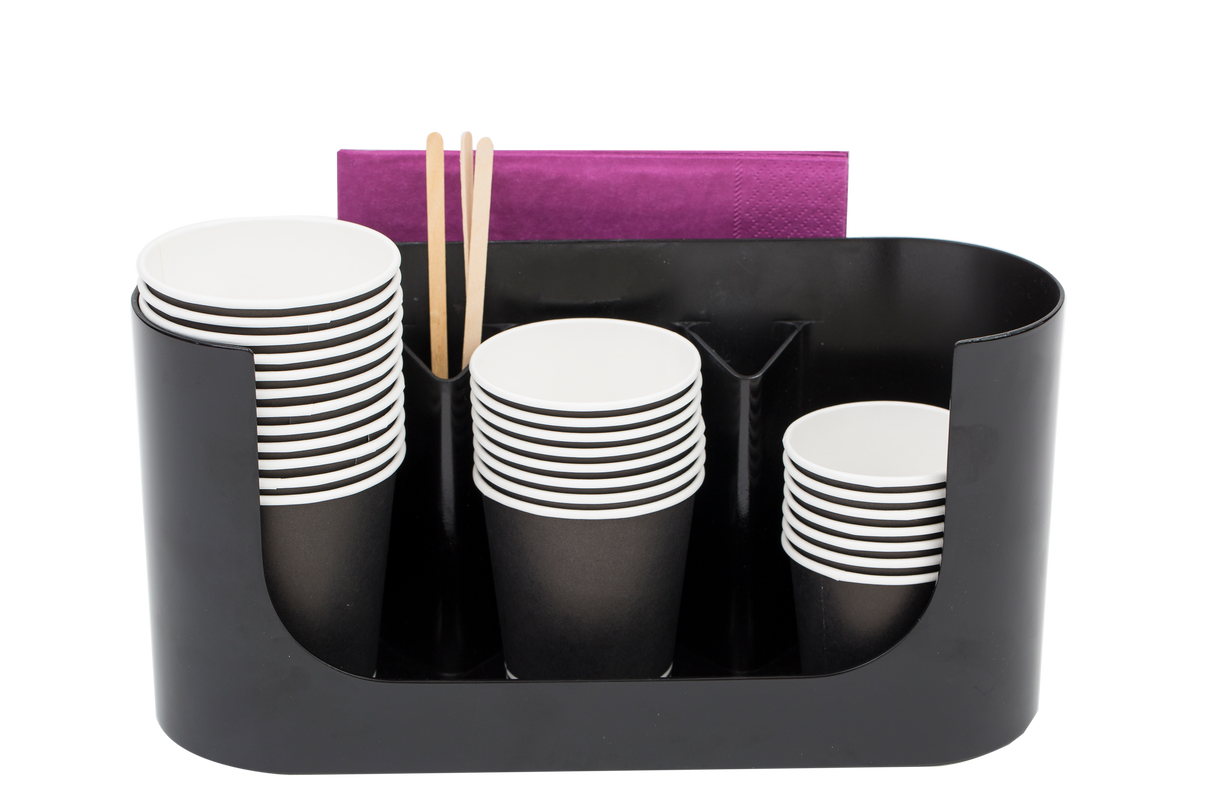 Black plastic cup organizer holding disposable cups, drink stirrers, and purple napkins