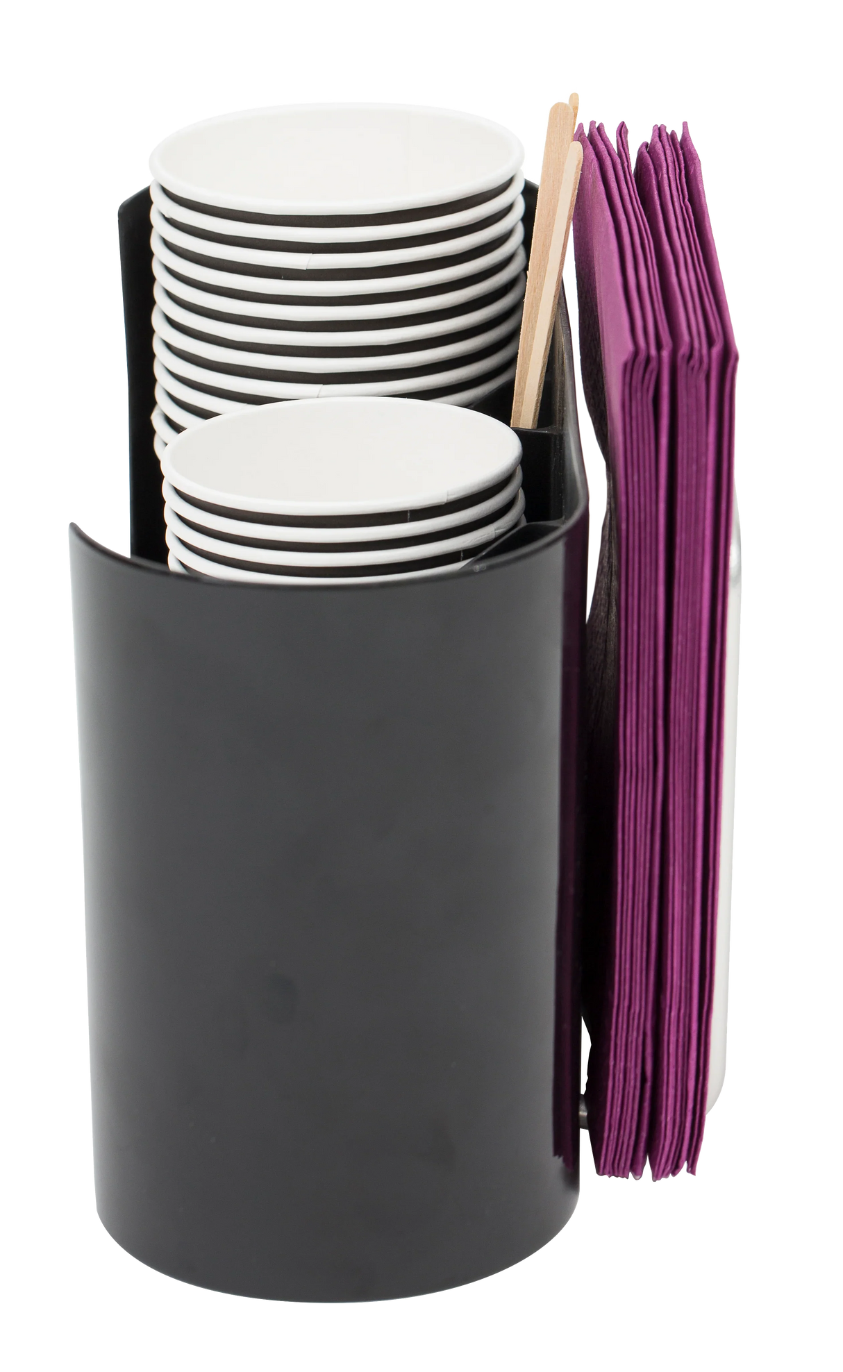 Black cup organizer holding stacked paper cups, purple napkins, and wooden stirrers
