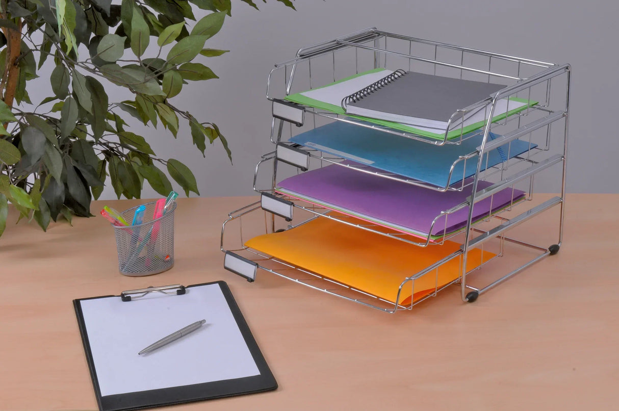 Chrome 4-tier desk organizer with colorful folders, notebook, pen cup, and clipboard on office desk