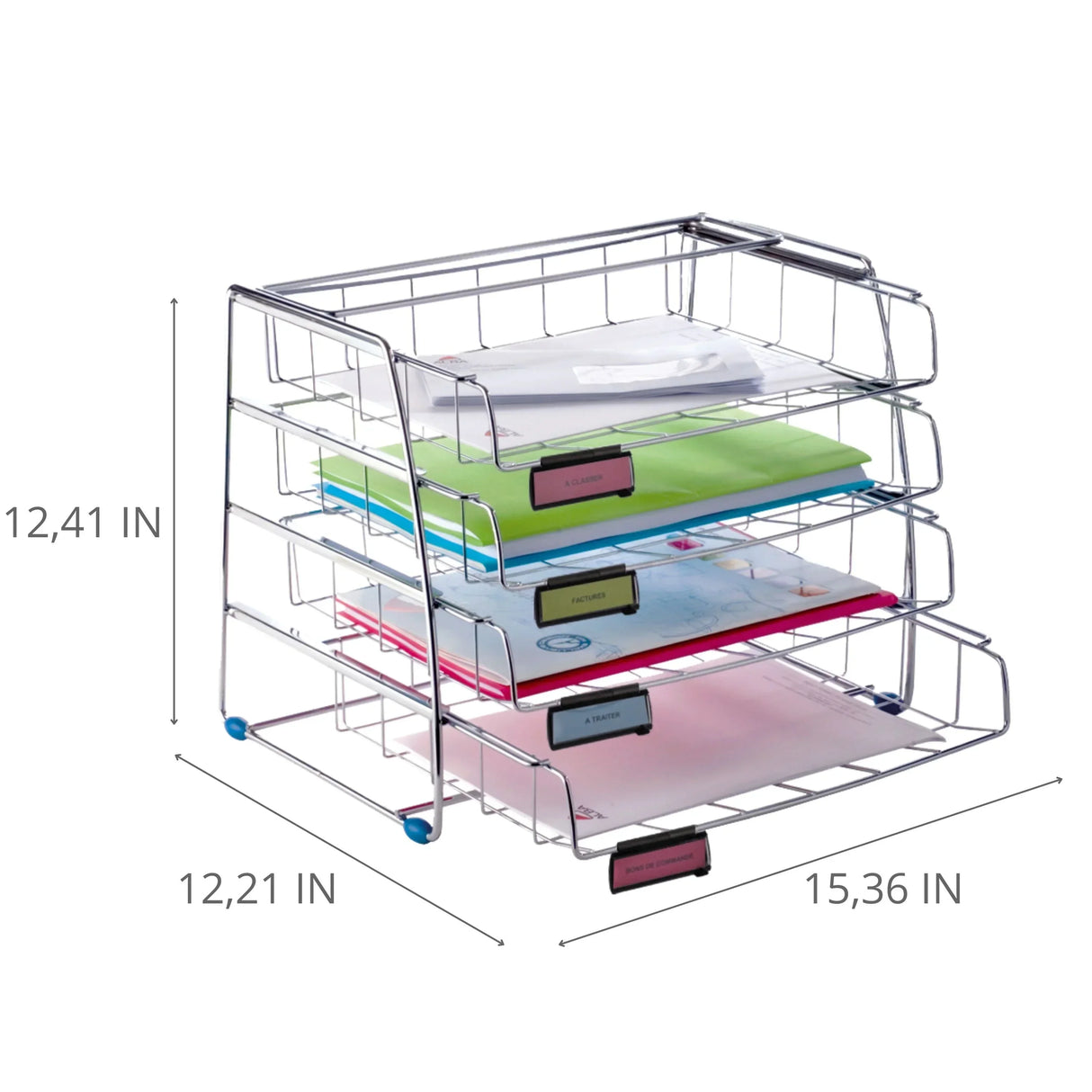 Chrome 4-tier desktop file organizer with labeled trays for office document sorting and workspace organization