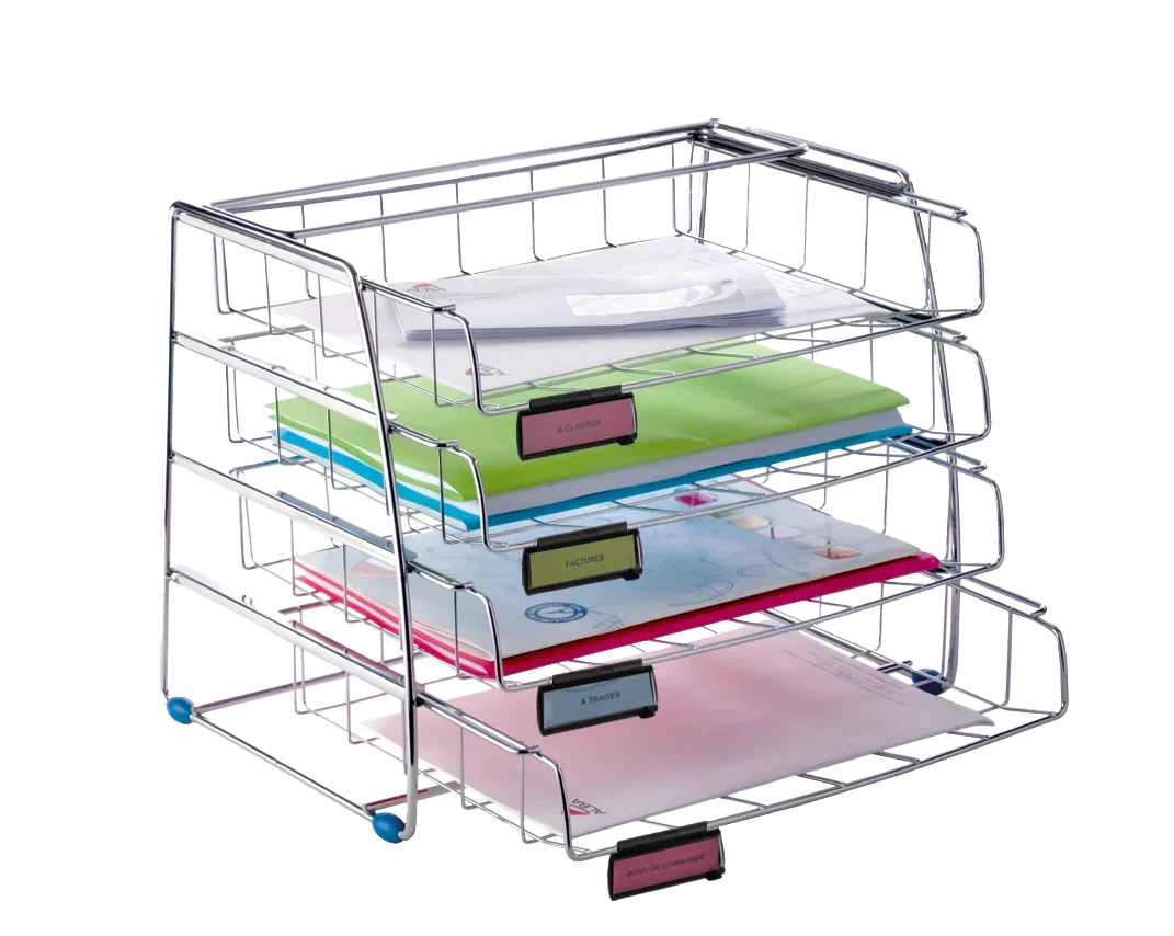 4-tier metal document organizer with labeled trays for office papers and files