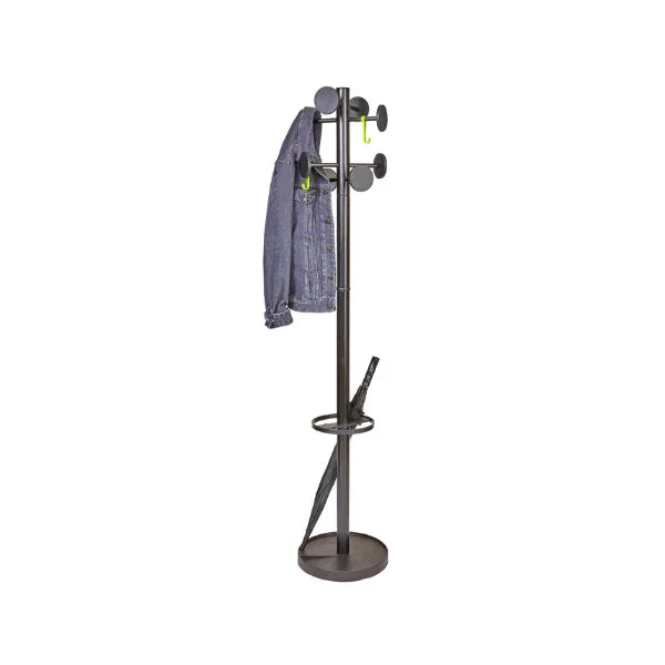 Freestanding coat rack with 8 pegs, holding a jacket and umbrella, office organizer
