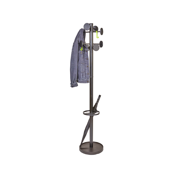 Freestanding black coat stand with 8 round pegs, holding a jacket and umbrella