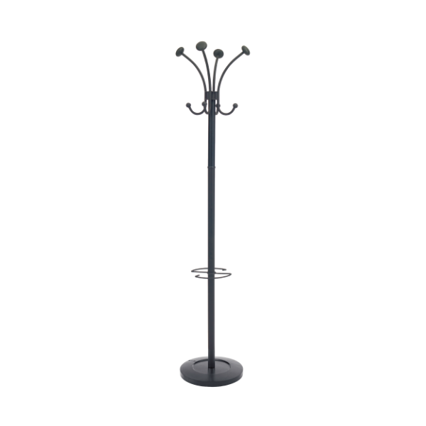 Black freestanding coat rack with 8 pegs and umbrella holder, modern office organizer