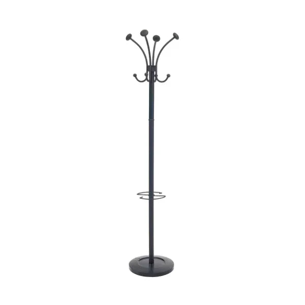 Black metal coat rack with umbrella holder, ideal for office or home entryway organization