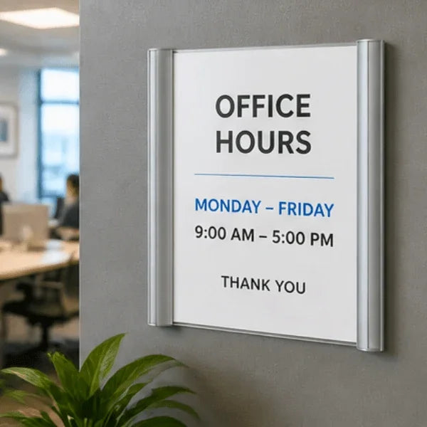 Alba silver wall mount sign holder displaying office hours on a gray wall.
