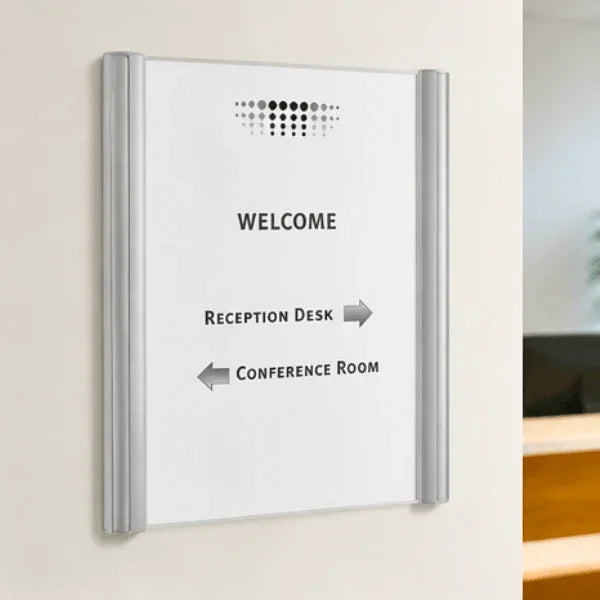 Alba silver wall mount sign holder display featuring a welcome and directional office sign.