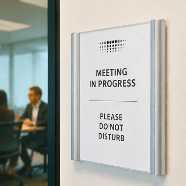 Alba silver wall mount sign holder displaying a 'Meeting in Progress' notice.