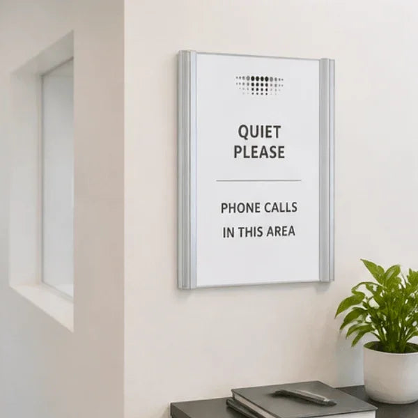 Alba silver wall mount sign holder displaying a 'Quiet Please' notice in an office setting.