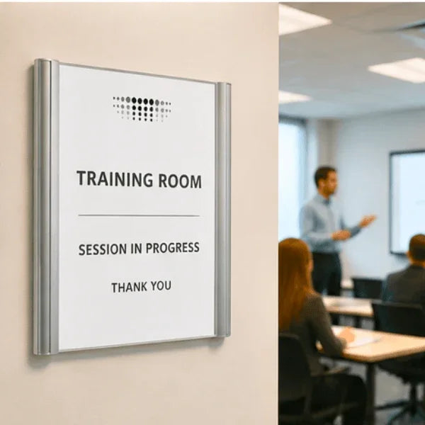 Alba silver wall and door mount sign holder displaying a training room session in progress sign.