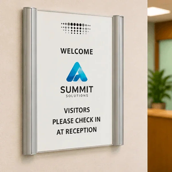 Alba silver wall mount sign holder displaying a welcome sign for Summit Solutions.