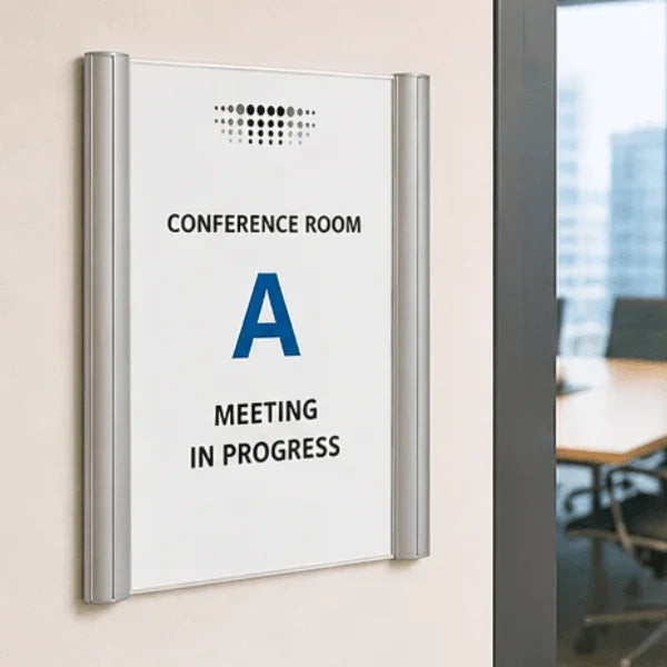 Alba Silver Wall and Door Mount Sign Holder displaying a conference room meeting in progress sign.
