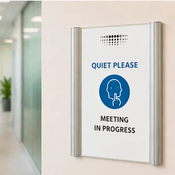 Alba silver wall mount sign holder displaying a 'Quiet Please Meeting in Progress' sign.