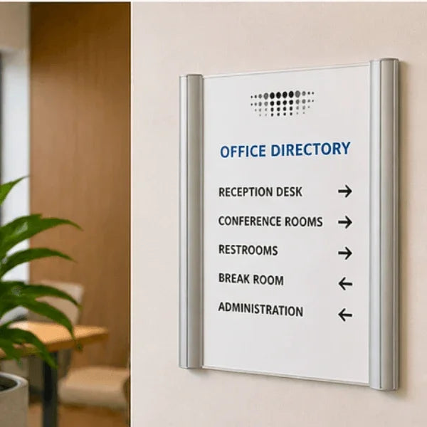 Alba silver wall and door mount sign holder displaying an office directory.