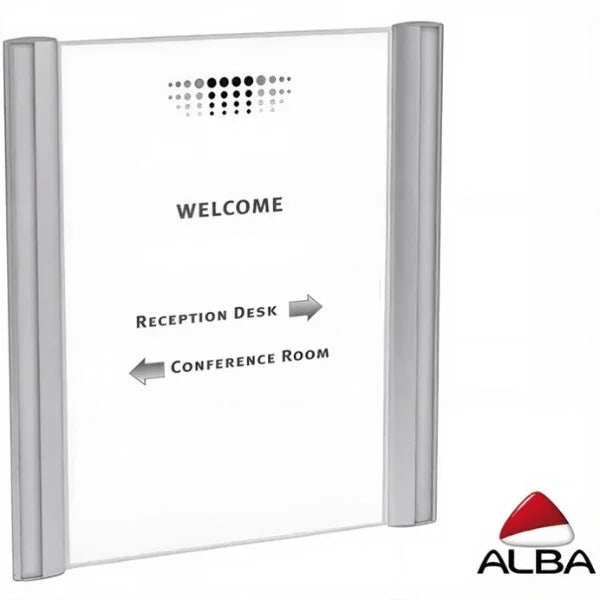 Alba silver wall and door mount sign holder display with directional welcome text.