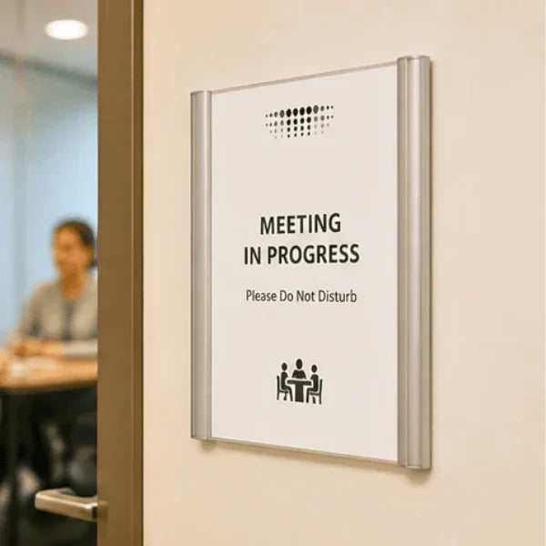 Alba silver wall mount sign holder displaying a 'Meeting in Progress' notice.